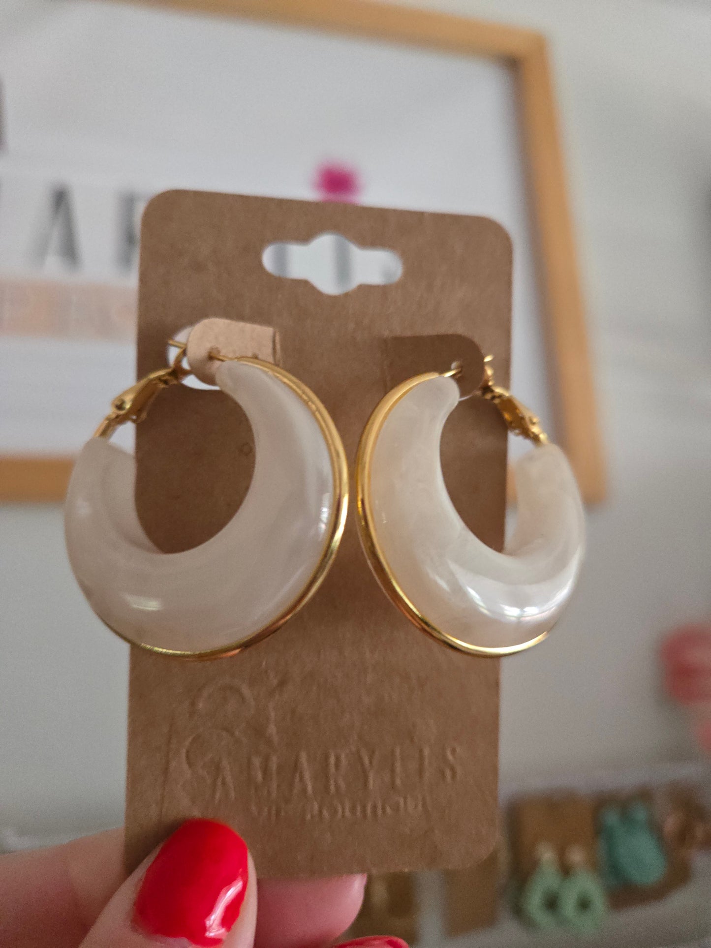 White Acrylic Drop Earrings with Stainless Steel Trim