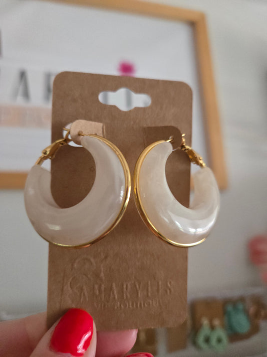 White Acrylic Drop Earrings with Stainless Steel Trim