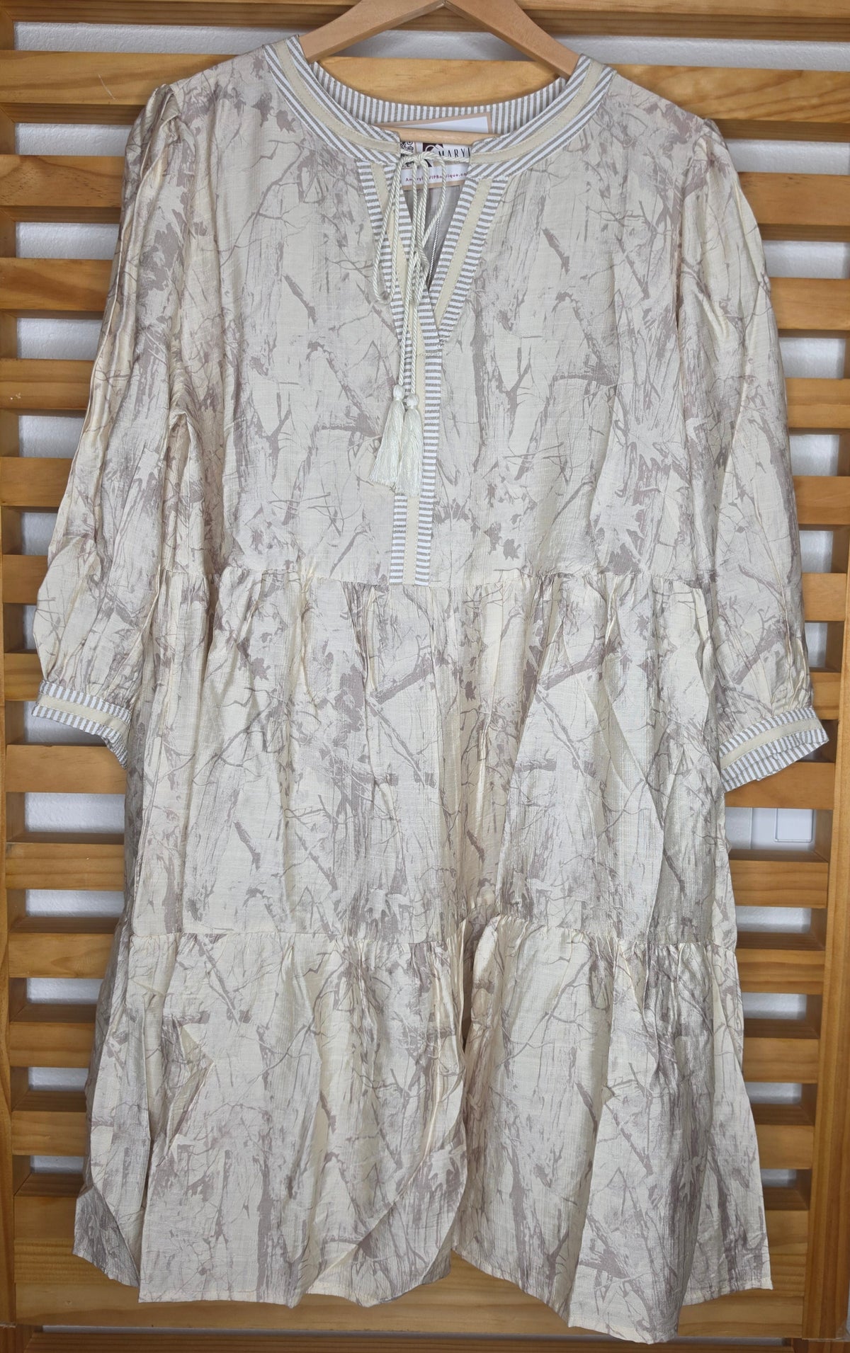 Women's boho camouflage print tiered dress with puff sleeves and tassel tie neckline