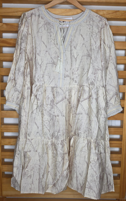 Women's boho camouflage print tiered dress with puff sleeves and tassel tie neckline