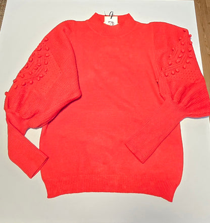 Red Balloon Sleeve Sweater with Pom Pom Details and Ribbed Round Neck