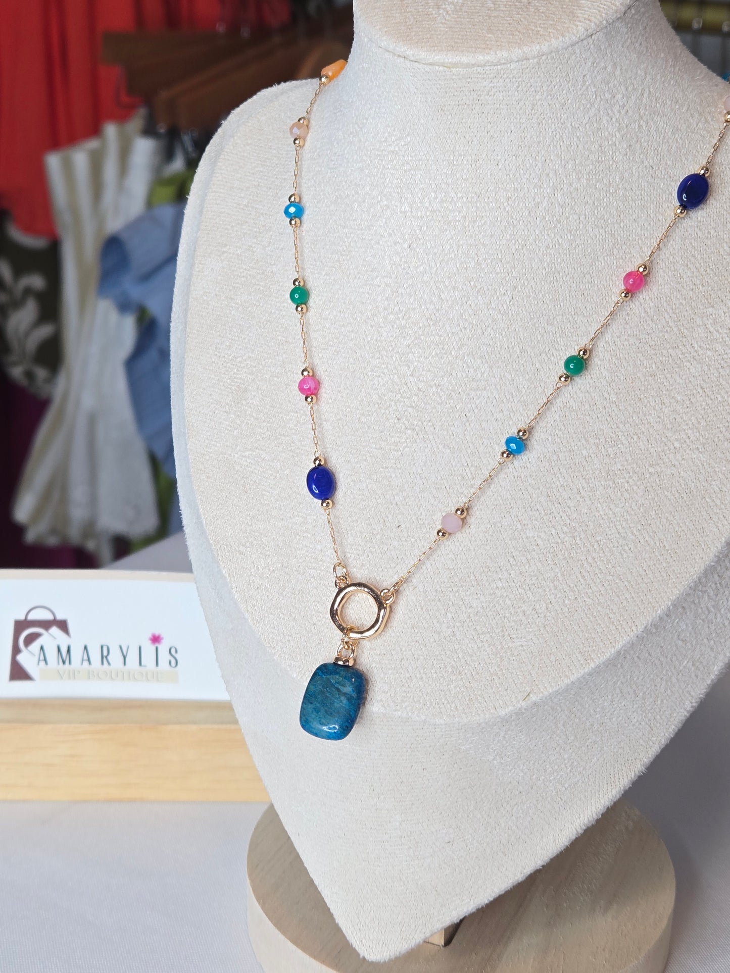 Multicolor gemstone pendant necklace featuring a delicate chain and an elegant pendant design, perfect for adding a sophisticated touch to everyday and special occasion looks.