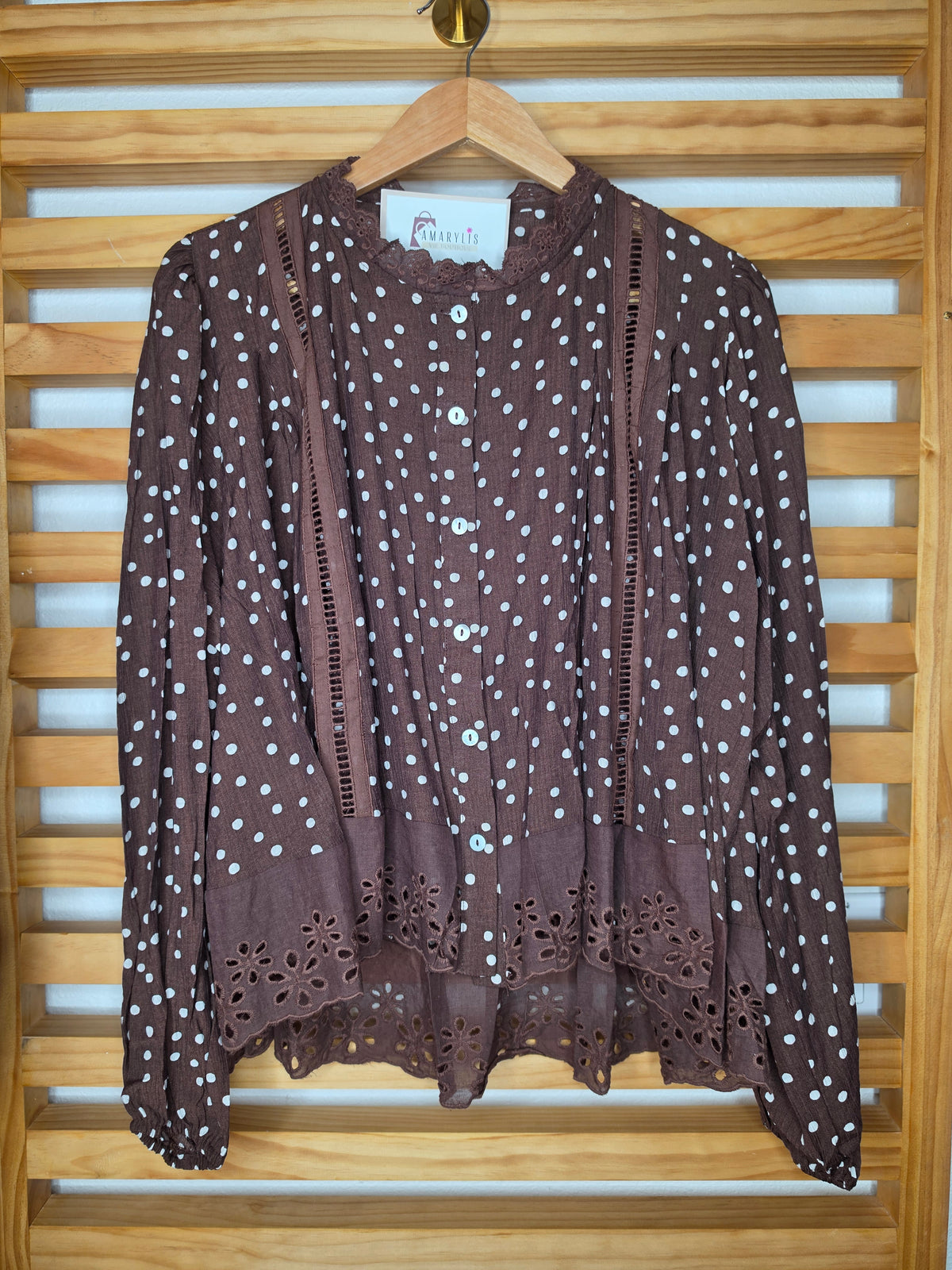 Polka Dot Lace Detail Button-Front Blouse with Flowing Sleeves