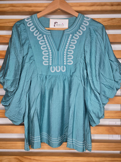 Teal Embroidered V-Neck Bubble Sleeve Blouse (Pre-order XL-3XL)