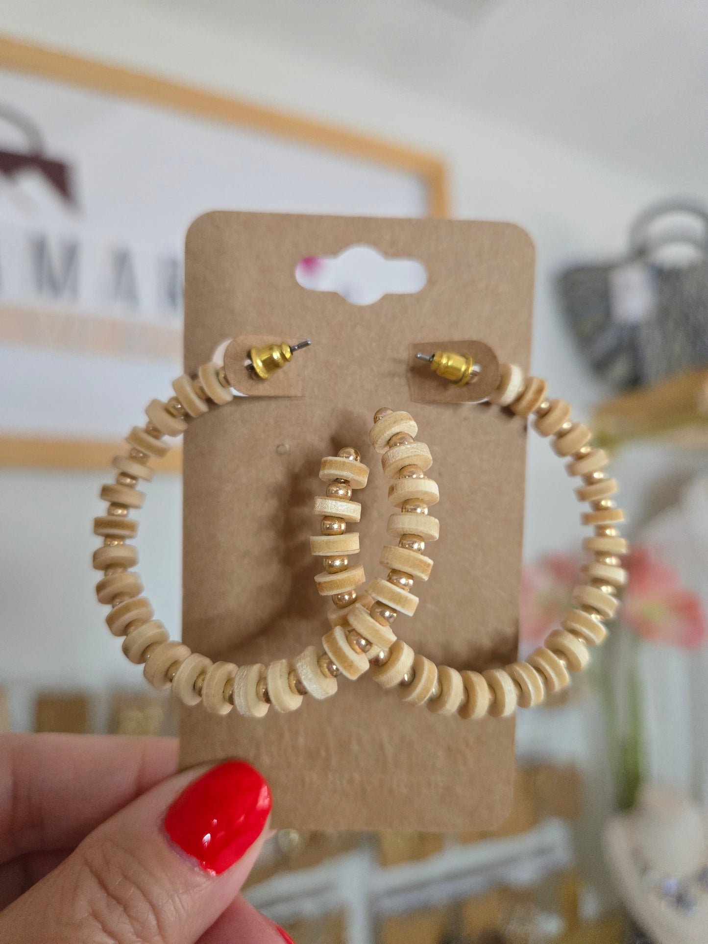 Wooden Cylinder Bead Hoop Earrings