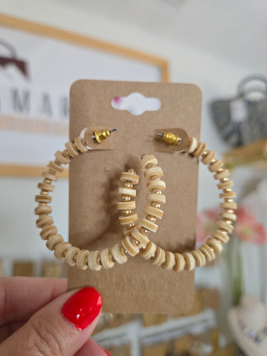 Wooden Cylinder Bead Hoop Earrings
