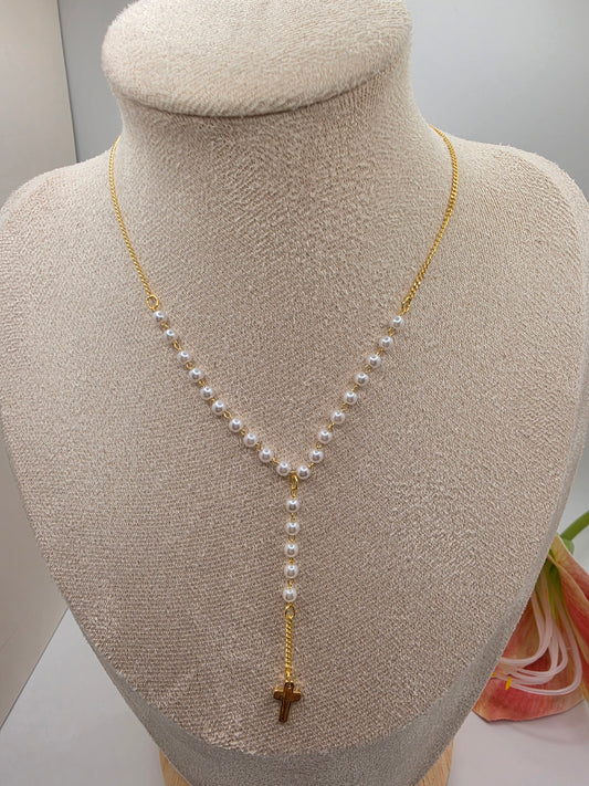 Pearl Accent Y-Chain Cross Necklace