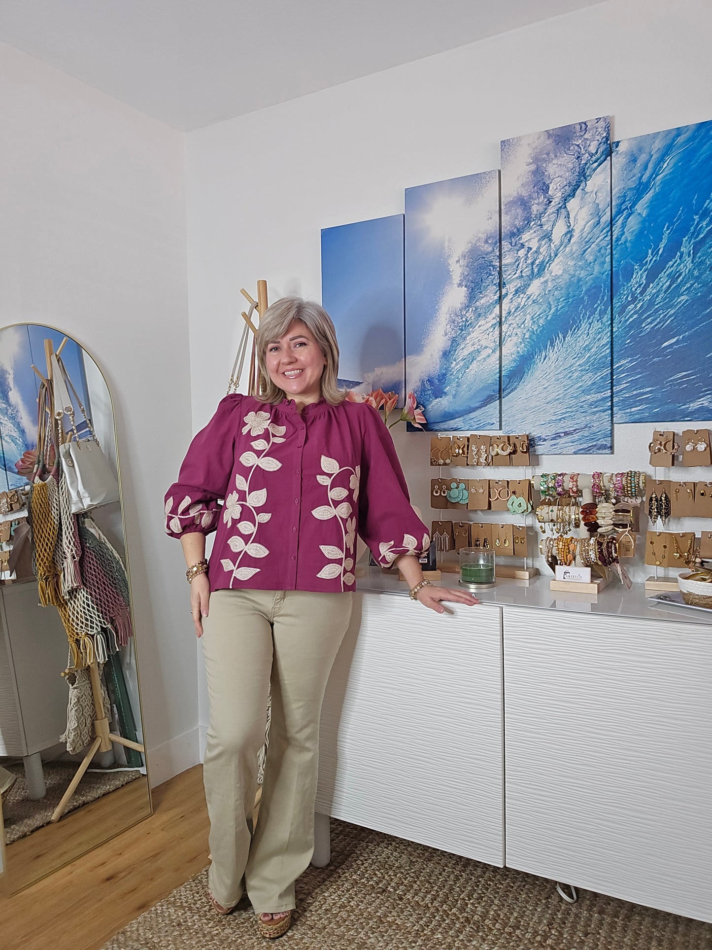 Magenta Floral Embroidered Cotton Blouse