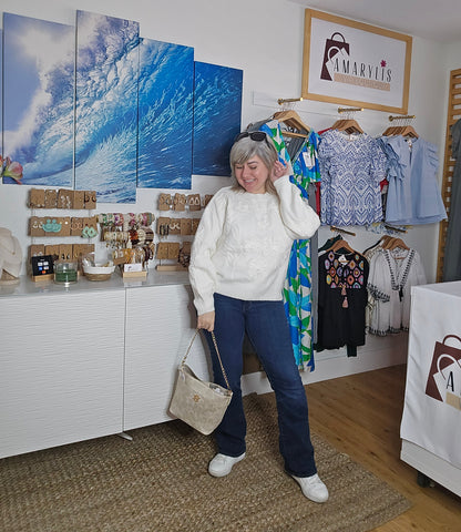 Ivory Knit Sweater with Textured Floral Details