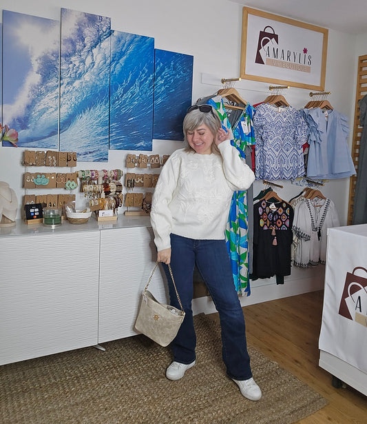Ivory Knit Sweater with Textured Floral Details