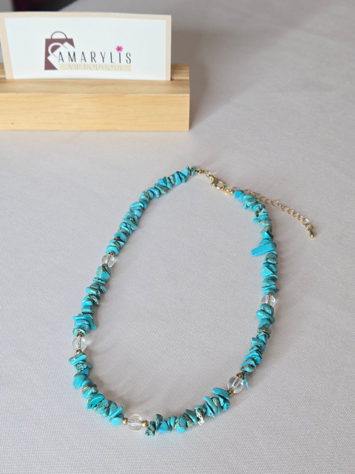 beautiful turquoise pebble stone beaded necklace. Designed to complement both everyday outfits and dressier ensembles, its timeless silhouette adds a subtle pop of color and natural elegance.