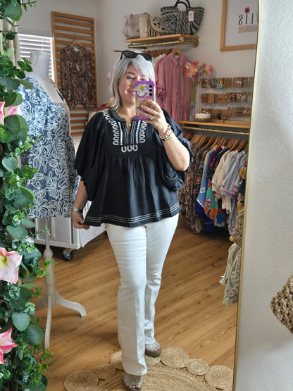 Embroidered V-Neck Bubble Sleeve Black Blouse with Contrast Stitch Detail