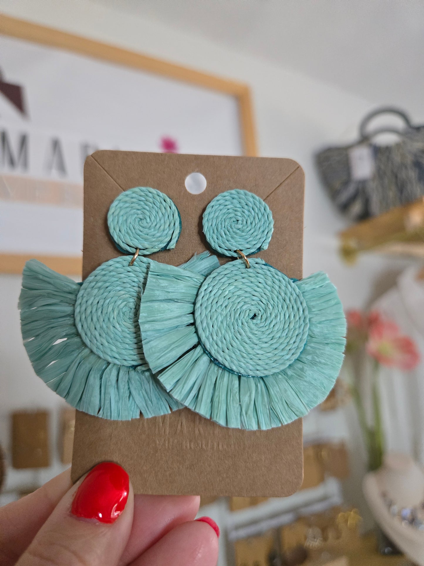 Turquoise Raffia Fan & Woven Rattan Earrings