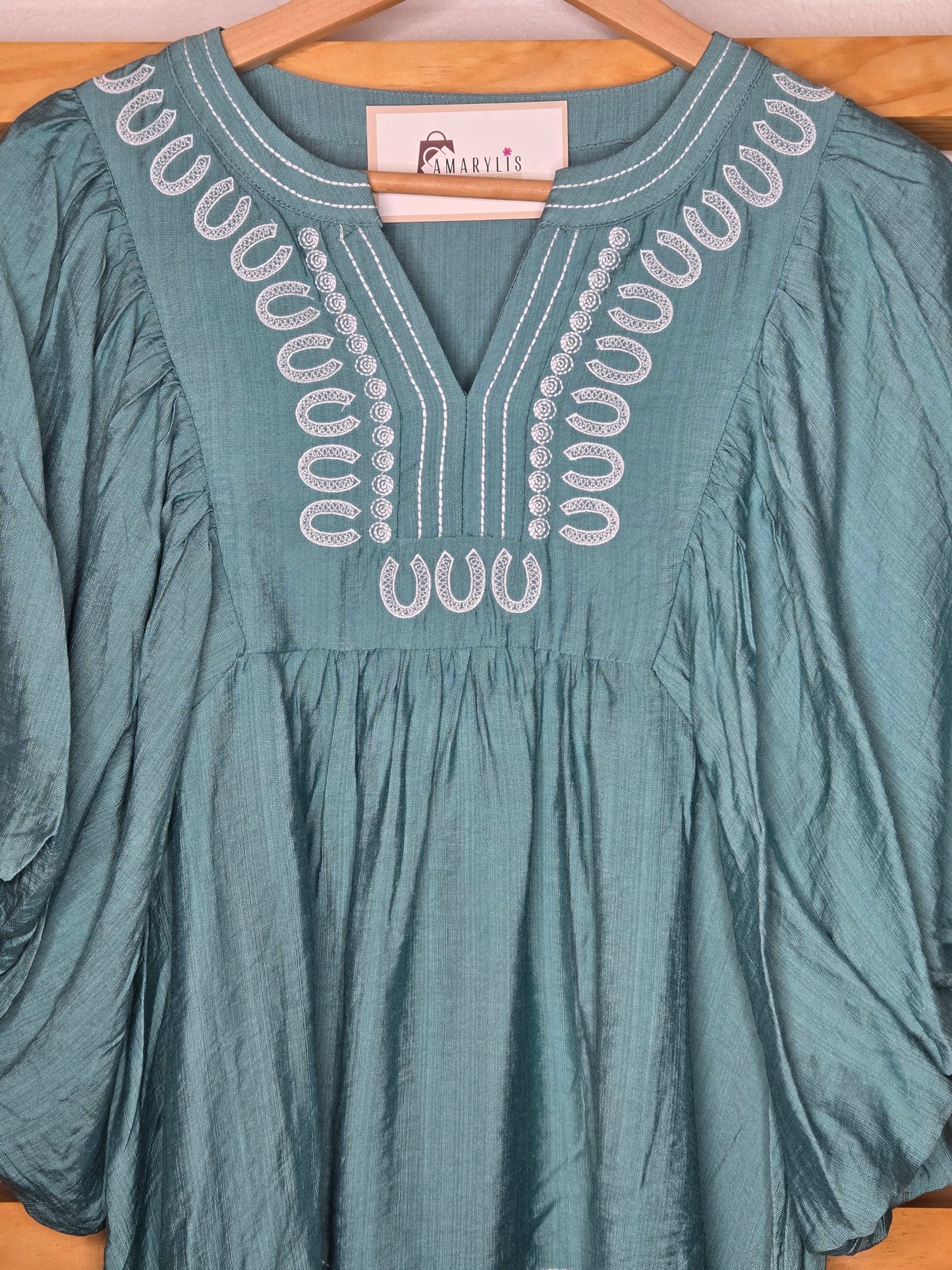 Teal Embroidered V-Neck Bubble Sleeve Blouse (Pre-order XL-3XL)