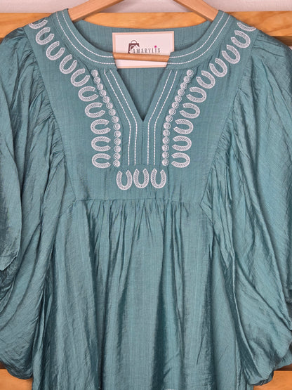 Teal Embroidered V-Neck Bubble Sleeve Blouse (Pre-order XL-3XL)