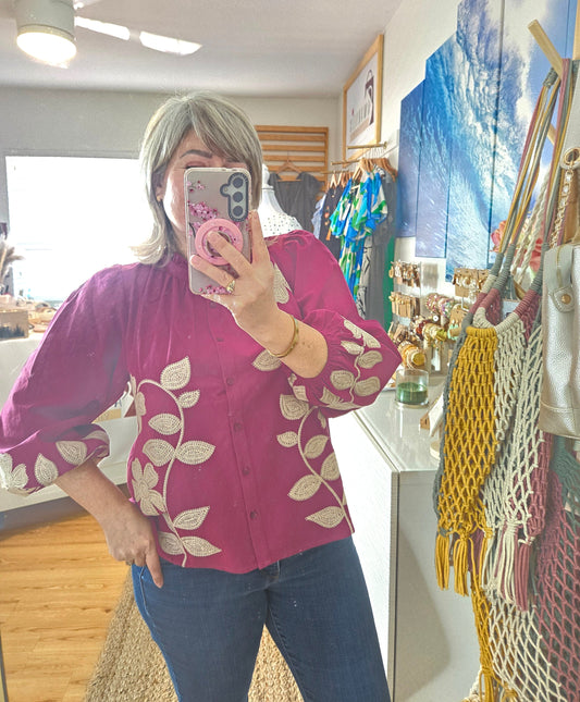 Magenta Floral Embroidered Cotton Blouse