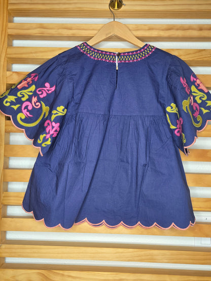 Embroidered Scallop Trim Short Sleeve Blouse