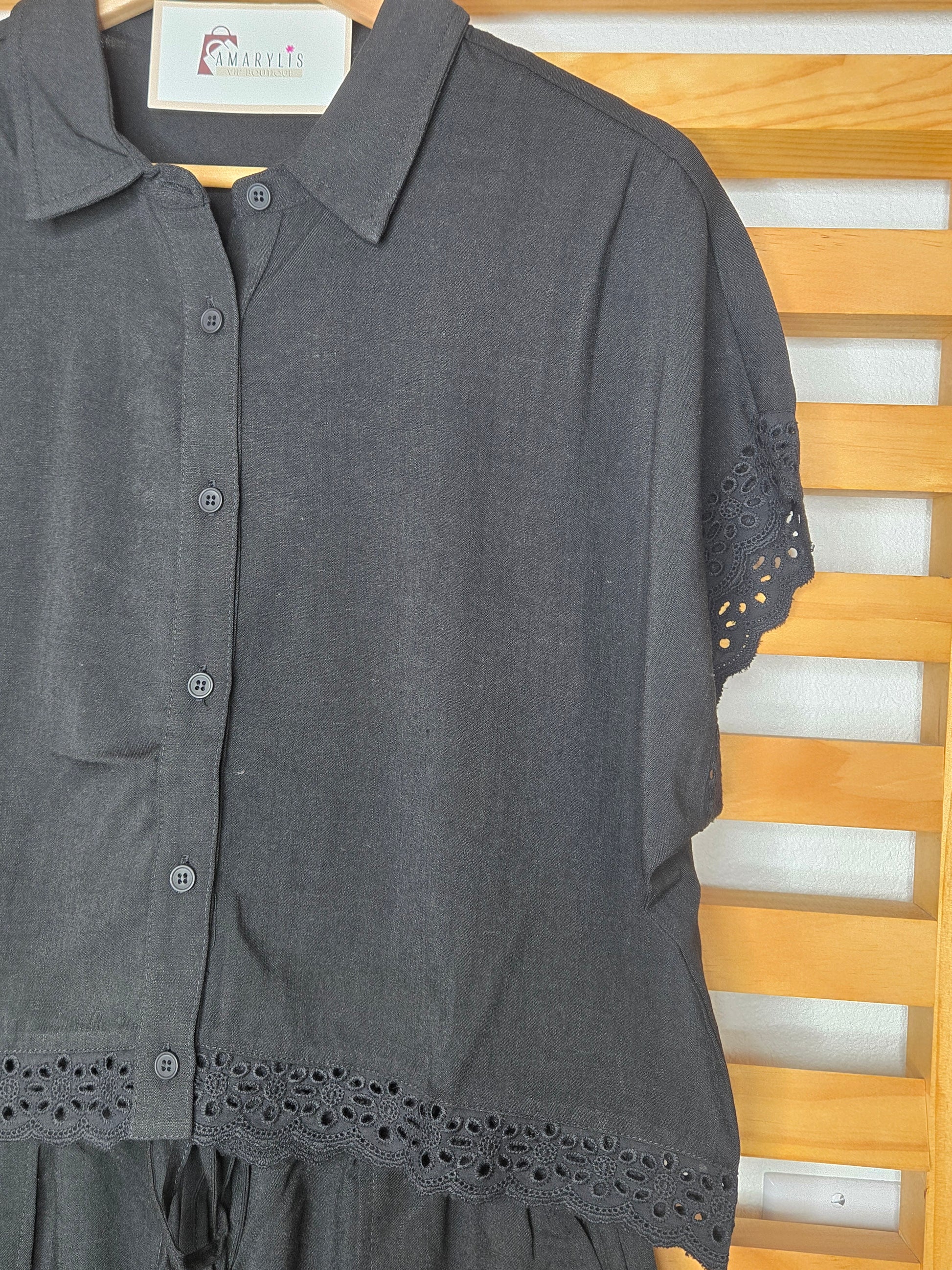 Black Eyelet Lace Button-Up Linen Blend Top