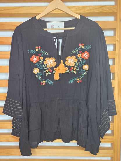 boho style blouse, black boho blouse, embroidered black blouse, tassel detail top, bohemian black top, lightweight boho blouse, half wing sleeve blouse, crinkle fabric blouse, floral embroidered top, boho chic outfit
