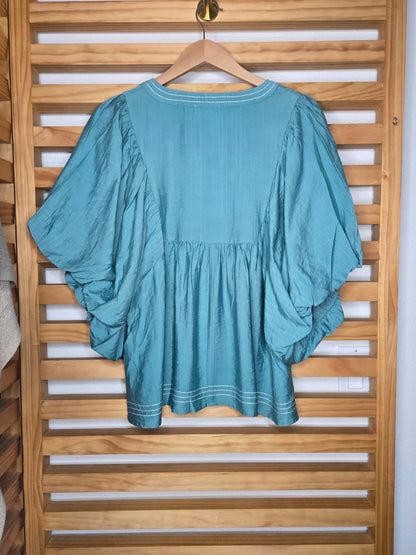 Teal Embroidered V-Neck Bubble Sleeve Blouse (Pre-order XL-3XL)