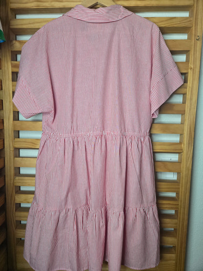 Red Striped Cotton Casual Dress with Roll-Up Short Sleeves