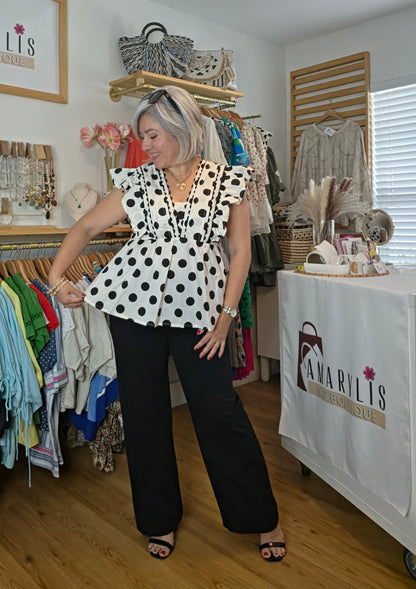 Black & White Polka Dot Ruffle Babydoll Top
