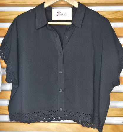 Black Eyelet Lace Button-Up Linen Blend Top