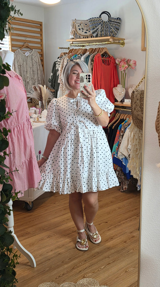 puff sleeve dress, polka dot dress, ruffle hem, front bow, lined dress, classic style, elegant outfit, feminine fashion, lightweight fabric, chic and timeless, amarylisvipboutique, boutiqueonline