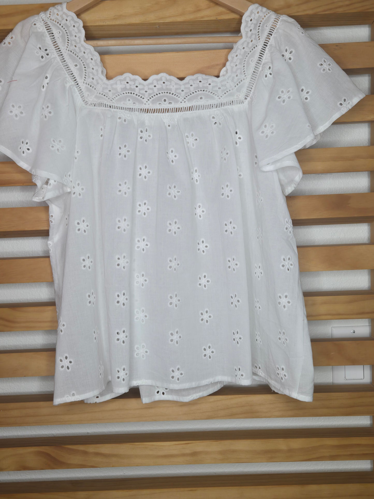 White Eyelet Flutter Sleeve Blouse with Front Button Detail