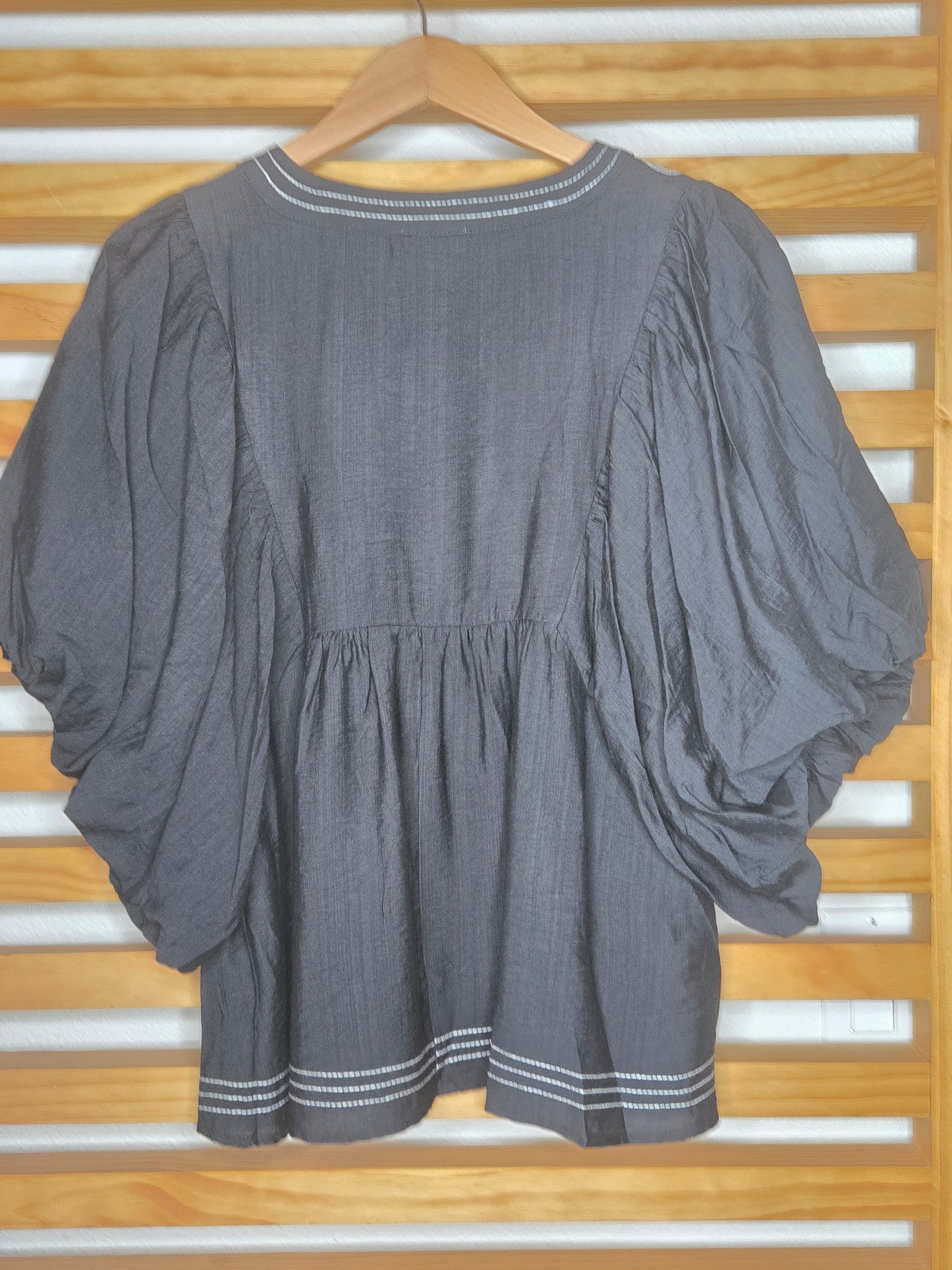 Embroidered V-Neck Bubble Sleeve Black Blouse with Contrast Stitch Detail