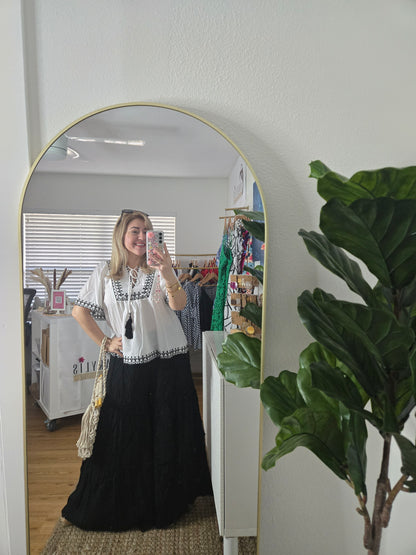 Boho-Inspired Blouse with Embroidery and Tie Neck Detail