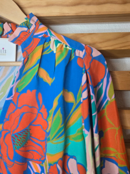 Floral 3/4 Sleeve Blouse with Ruffle Neck