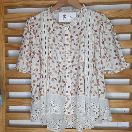 Floral print blouse with lace trim, flutter sleeves, and button-front closure