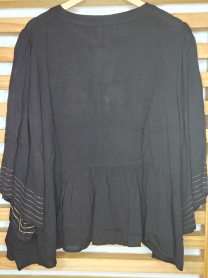 boho style blouse, black boho blouse, embroidered black blouse, tassel detail top, bohemian black top, lightweight boho blouse, half wing sleeve blouse, crinkle fabric blouse, floral embroidered top, boho chic outfit