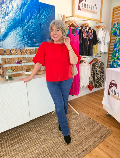 Red Bubble Sleeve Blouse with Bow Tie Back