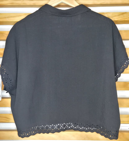 Black Eyelet Lace Button-Up Linen Blend Top