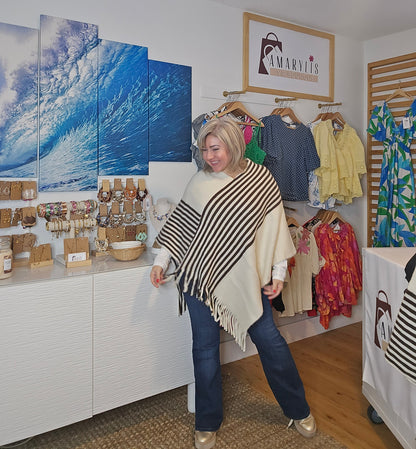 back, poncho, asymmetrical poncho, striped poncho, boho chic, fall fashion, layering piece, one size, cozy style, women’s fashion