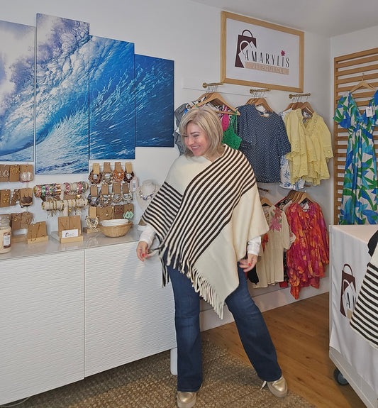 back, poncho, asymmetrical poncho, striped poncho, boho chic, fall fashion, layering piece, one size, cozy style, women’s fashion