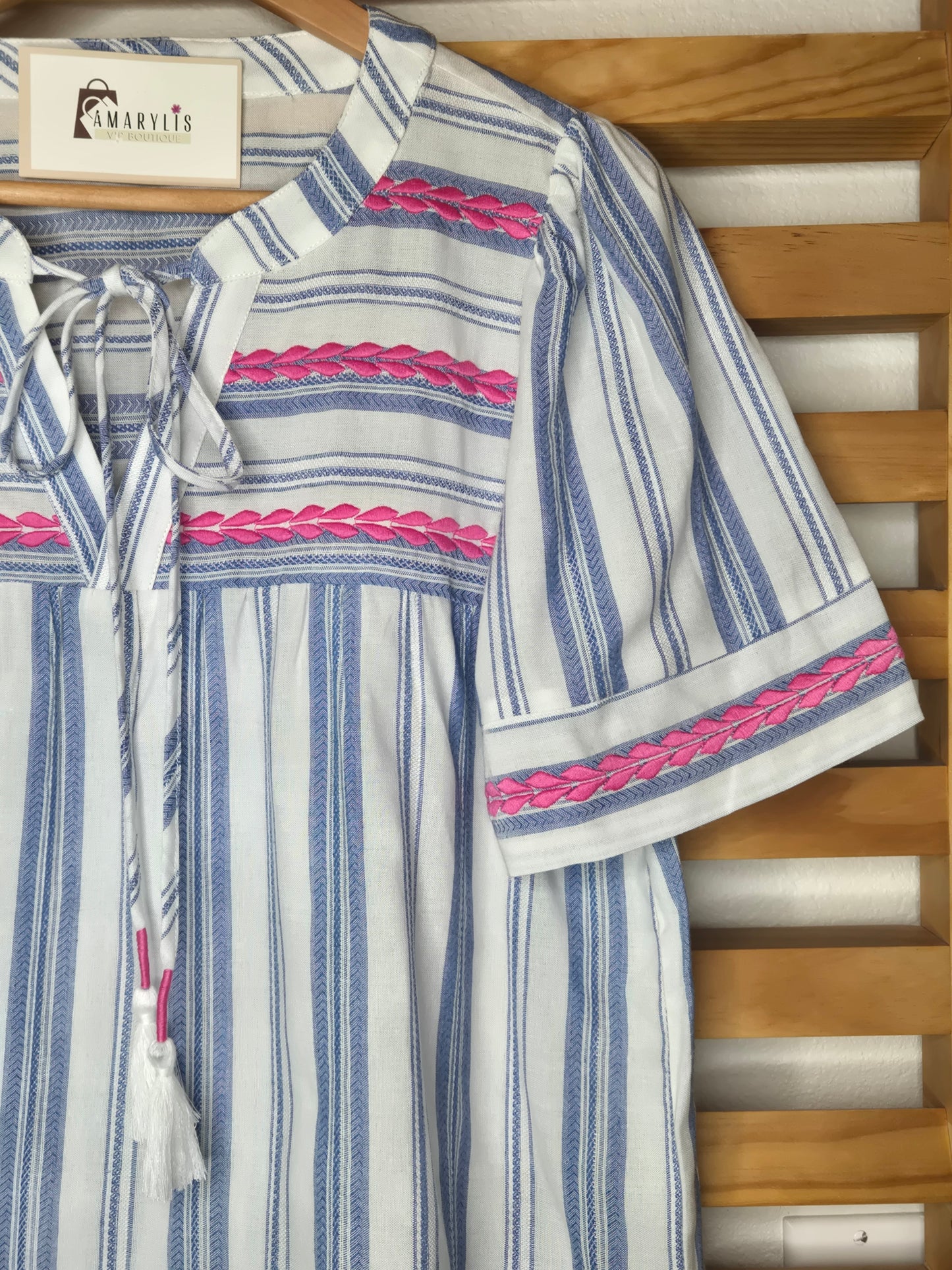 Short sleeve striped boho blouse with embroidered details and a relaxed fit design