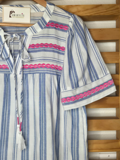 Short sleeve striped boho blouse with embroidered details and a relaxed fit design