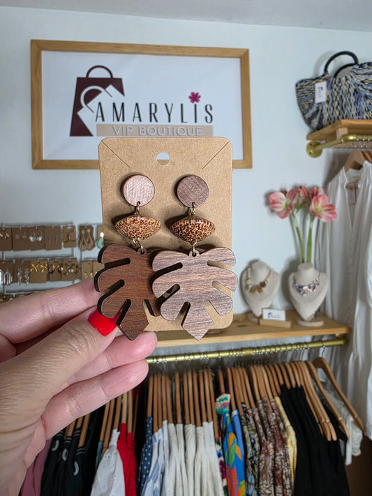 Natural Wooden Monstera Leaf Dangle Earrings