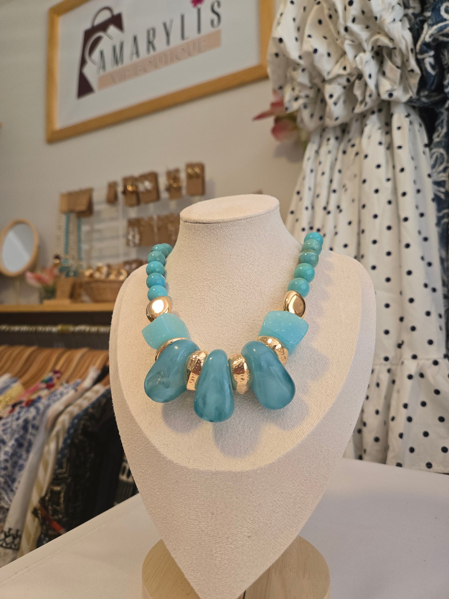 Turquoise & Gold Acrylic Chunky Statement Necklace