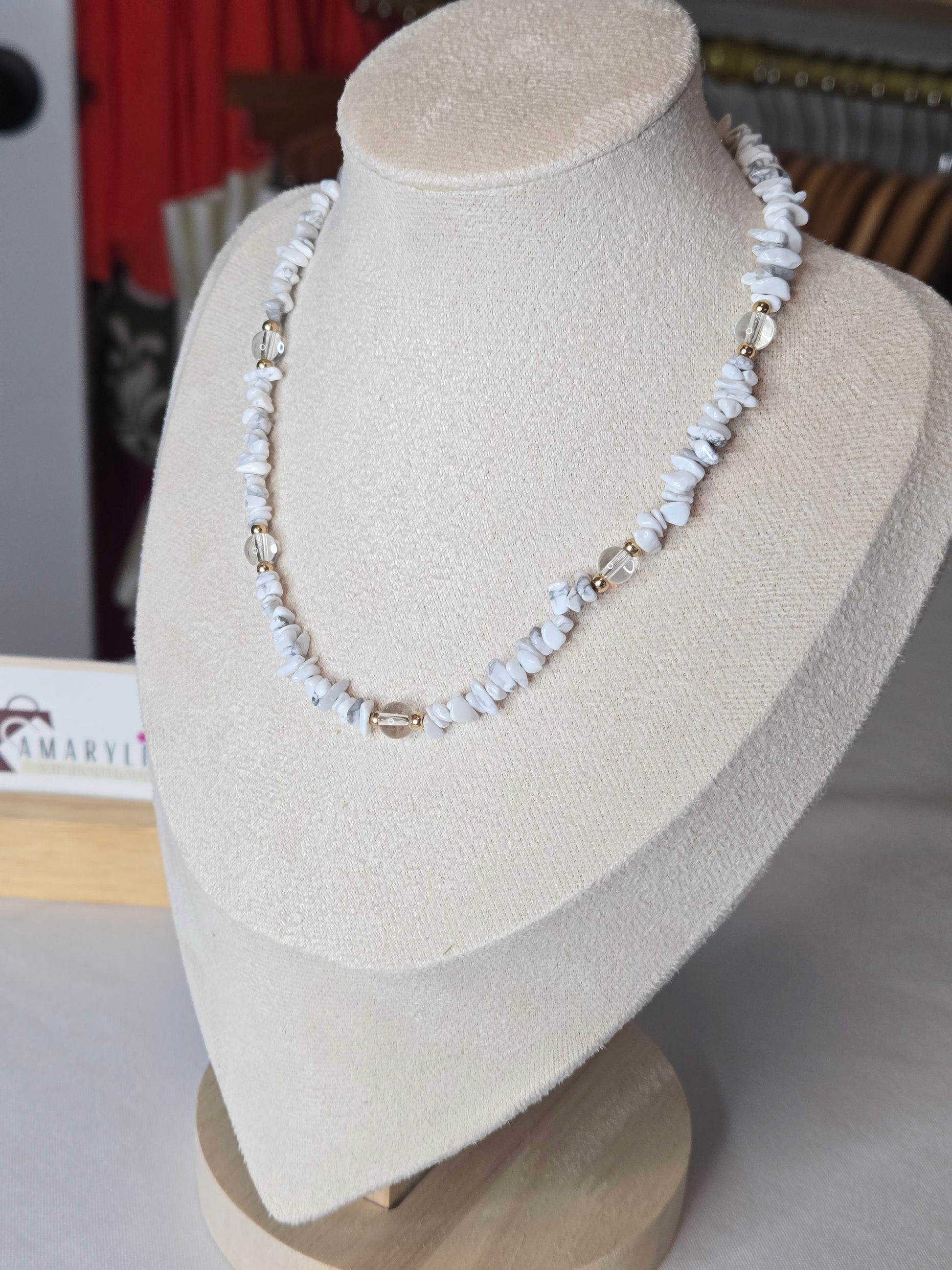 Elevate your everyday style with this beautiful pebble stone beaded necklace in soft marble-inspired shades of gray and white. Its timeless and versatile design makes it easy to pair with both casual and dressy looks. Lightweight and effortlessly chic, this statement piece adds natural texture and elegance to your jewelry collection