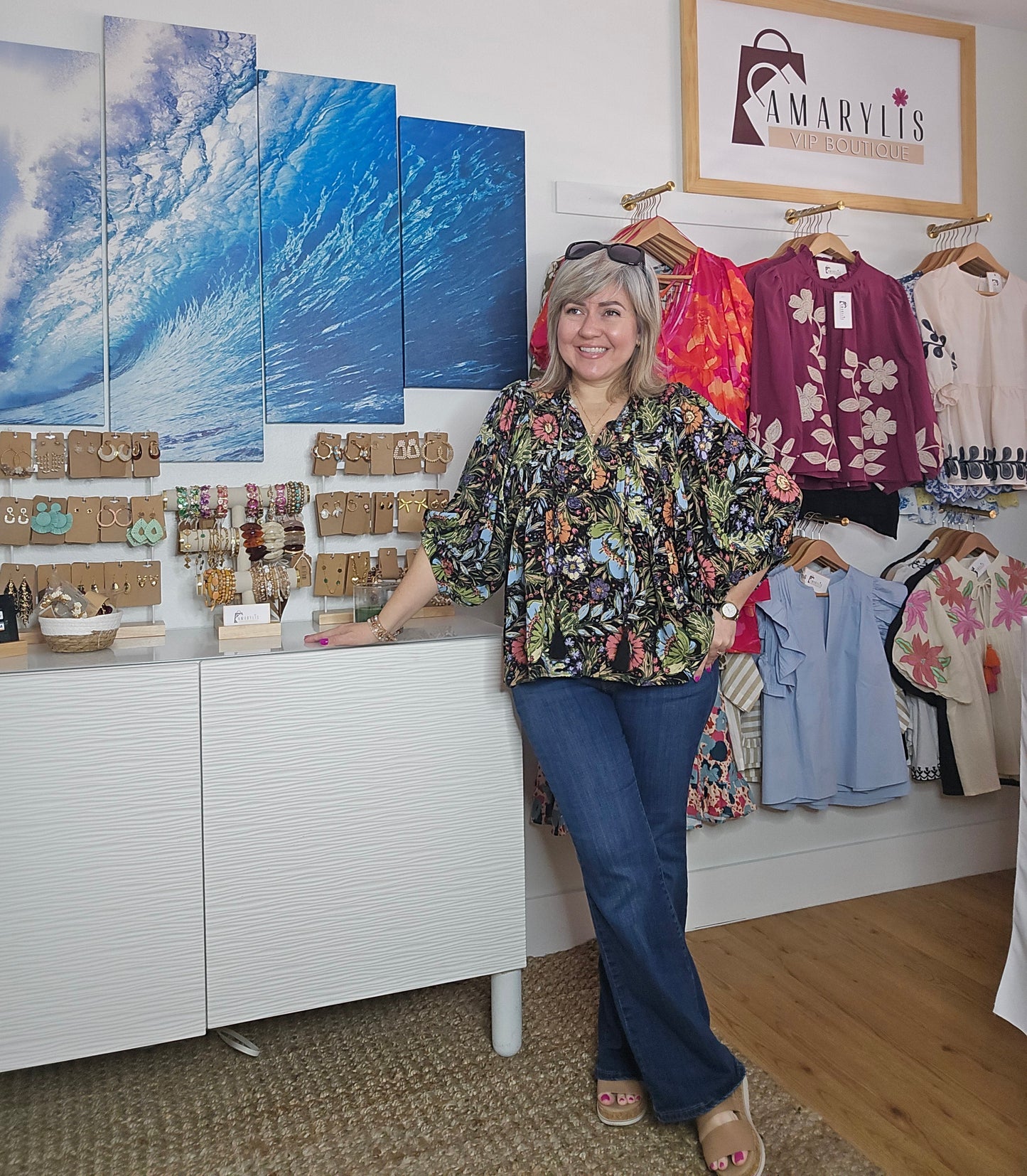Soft and feminine peasant-style blouse featuring a delicate floral print, 3/4 length puff sleeves, and a tassel-tie neckline. Designed for effortless bohemian looks, this blouse offers a relaxed fit that feels comfortable yet polished and romantic.