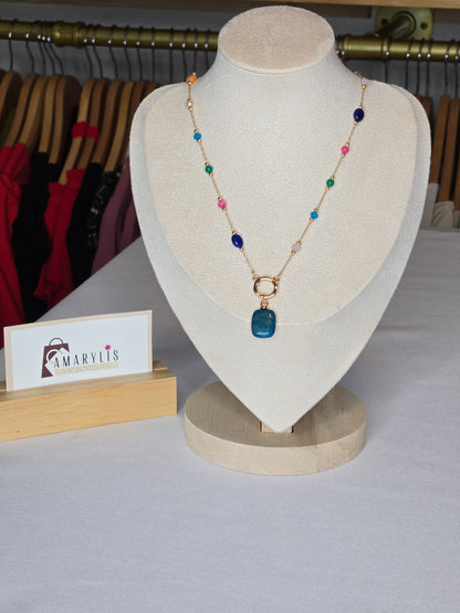 Multicolor gemstone pendant necklace featuring a delicate chain and an elegant pendant design, perfect for adding a sophisticated touch to everyday and special occasion looks.