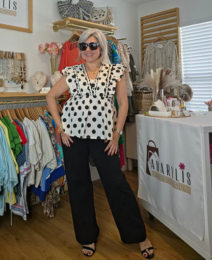 Black & White Polka Dot Ruffle Babydoll Top