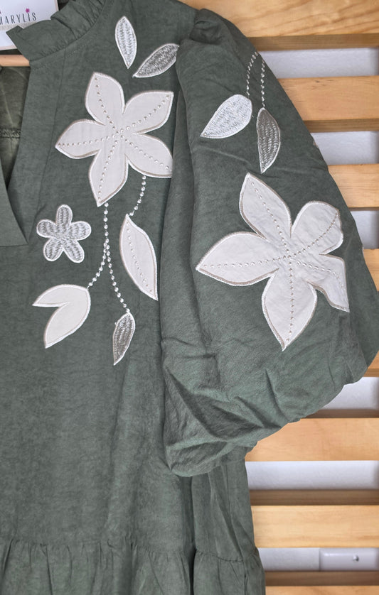 Olive Floral Embroidered Tiered Dress (S-3XL Preorder)
