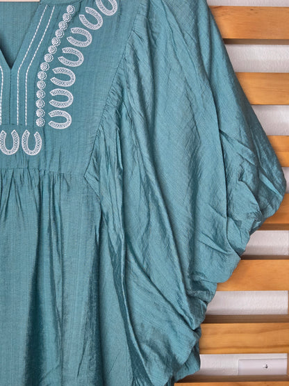 Teal Embroidered V-Neck Bubble Sleeve Blouse (Pre-order XL-3XL)